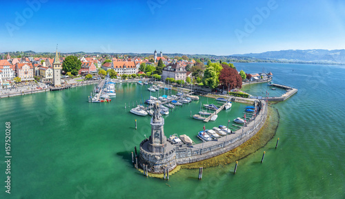 Harbor on Lake Constance with statue of lion at the entrance in Lindau  Bavaria  Germany