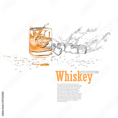 Illustration with a glass of whiskey, ice cubes, splashes and drops of water.