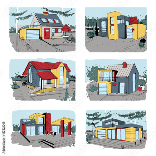 Hand drawn cottage. modern private residential houses. colorful sketch illustrations set.