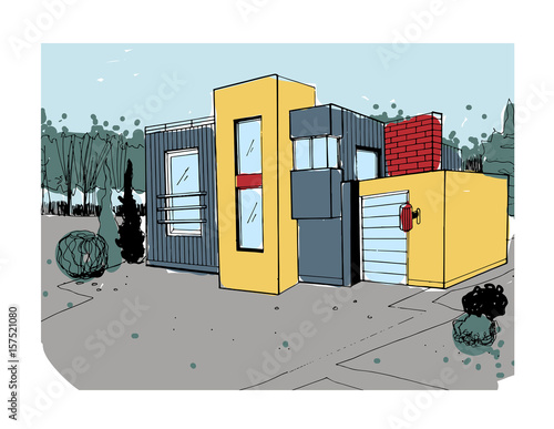 Hand drawn cottage. modern private residential house. colorful sketch illustration.
