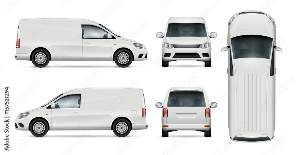 Naklejka premium Car vector template for car branding and advertising. Isolated mini van set on white background. All layers and groups well organized for easy editing and recolor. View from side, front, back, top.