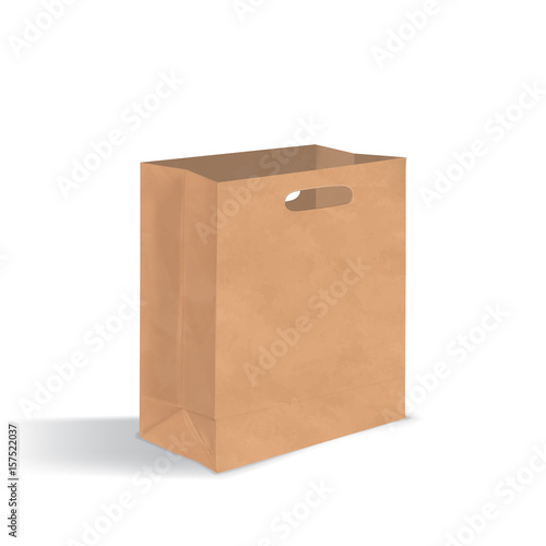 Empty brown paper bag with handles holes. Realistic kraft package with shadows isolated on white background. design template.