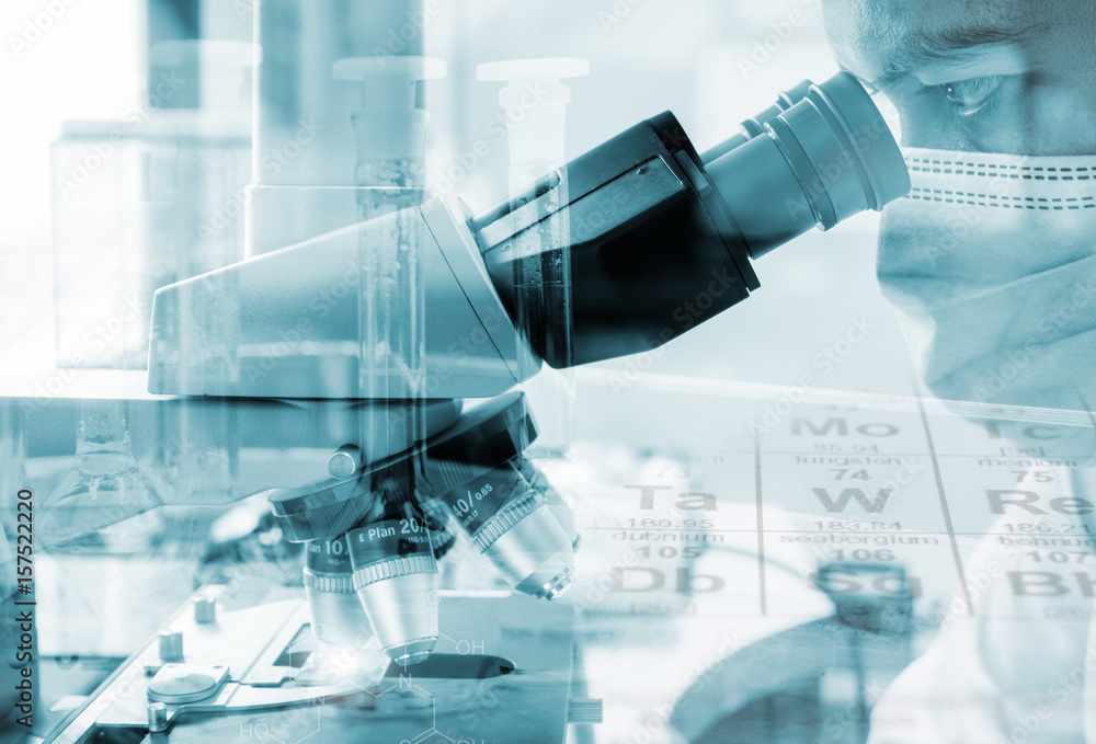 Scientist looking through a microscope for chemistry test samples, examining. Laboratory research concept. Scientist looking through a microscope for chemistry test samples, examining. Laboratory research concept.