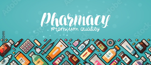 Pharmacy banner. Medicine, medical supplies, hospital concept. Vector illustration in flat style