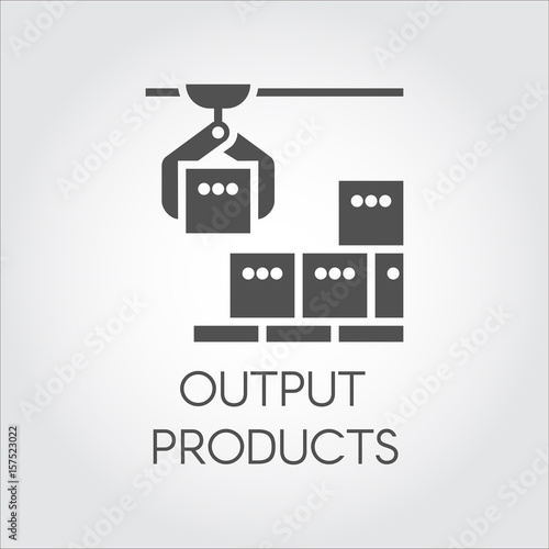 Black icon of output products concept. Modern equipment for factories and plants. Automated high-quality system for mechanical final sorting of products. Vector illustration in flat design