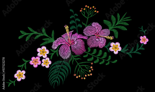 Hawaii flower embroidery arrangement patch. Fashion print decoration plumeria hibiscus palm leaves. Tropical exotic blooming bouquet vector illustration