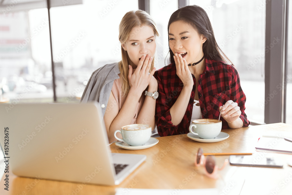 Beautiful young women drinking coffee and using laptop in cafe at lunch meeting Beautiful young women drinking coffee and using laptop in cafe at lunch meeting