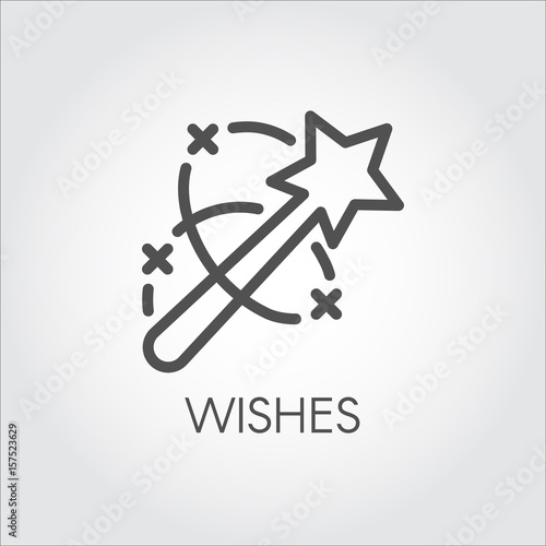 Magic wand icon. Flat simple label drawn in line art style. Simple logo or button for websites, mobile apps and other design needs. Vector contour pictograph