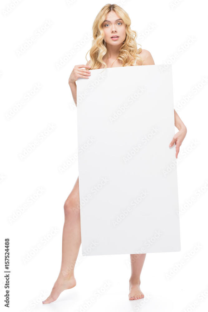 shocked woman holding blank banner in hands isolated on white shocked woman holding blank banner in hands isolated on white