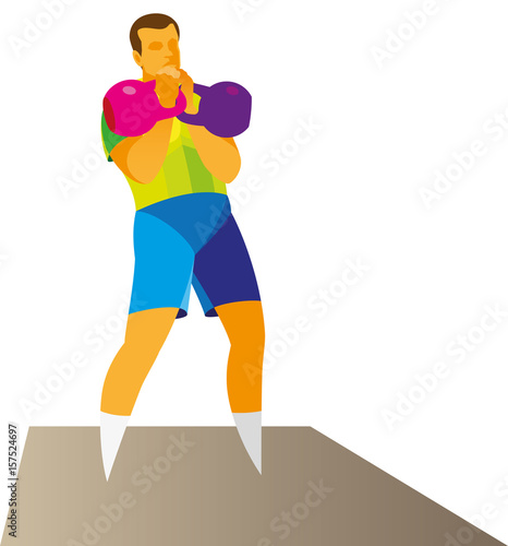 weightlifter athlete performs exercises push of two kettle bells