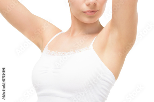cropped view of woman in white underwear showing armpits isolated on white photo