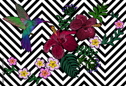 Hawaii flower embroidery black white seamless stripe background. Fashion print decoration plumeria hibiscus palm leaves. Tropical exotic blooming bird hummingbird vector illustration