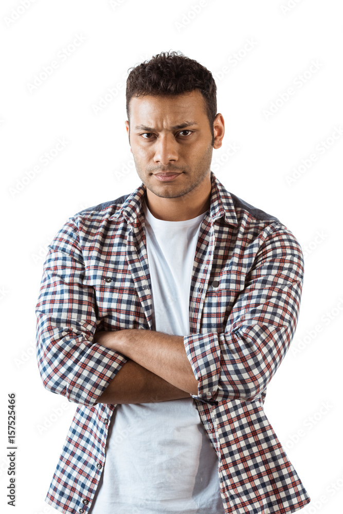 portrait of serious man with arms crossed looking at camera isolated on white portrait of serious man with arms crossed looking at camera isolated on white