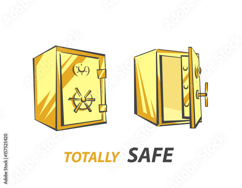 Gold bank safe, opened and closed, vector illustration in cartoon style, three-quarter view