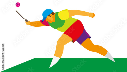 fat man playing pikleball, which is a kind of game with a racket and ball