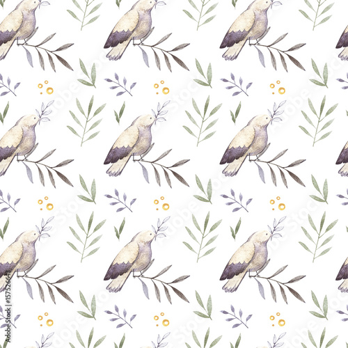 Watercolor illustrations of birds and floral. Cute seamless pattern.