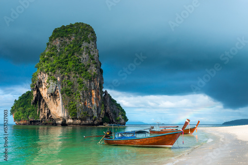 Small traditional Thai boats off the coast of Phra Nang  Thailand