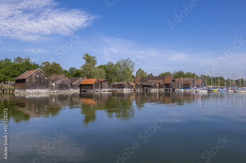 Boat huts in Diessen at Lake Ammersee, Pfaffenwinkel, Upper Bavaria, Bavaria, Germany, Europe