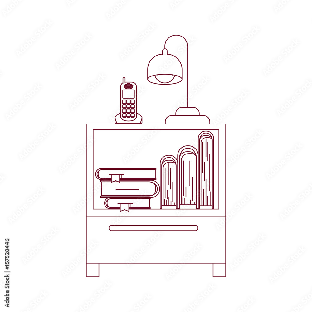 dark red line contour of nightstand with cordless phone and lamp and books stacking vector illustration dark red line contour of nightstand with cordless phone and lamp and books stacking vector illustration