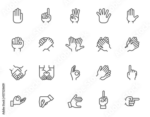 Big line icon set of human hands with different signs. 20 mono linear web graphic pictograms. Outline symbols of gesture arms. Business, friendship, love, language, pointer concept. Vector