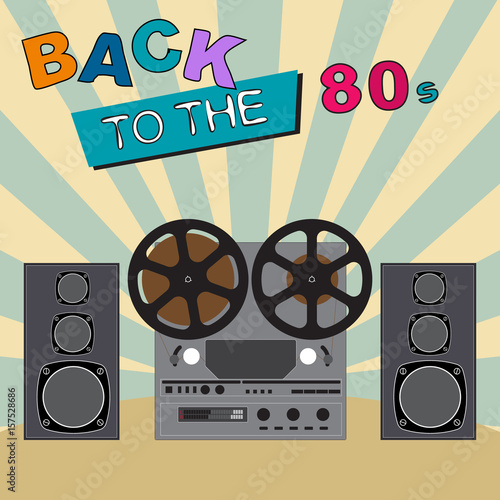 Back to the 80's. Retro  Colorful background. Eighties vector graphic poster and banner. Fashion style 

graphic template tape recorder and speakers. Easy editable for Your design.
