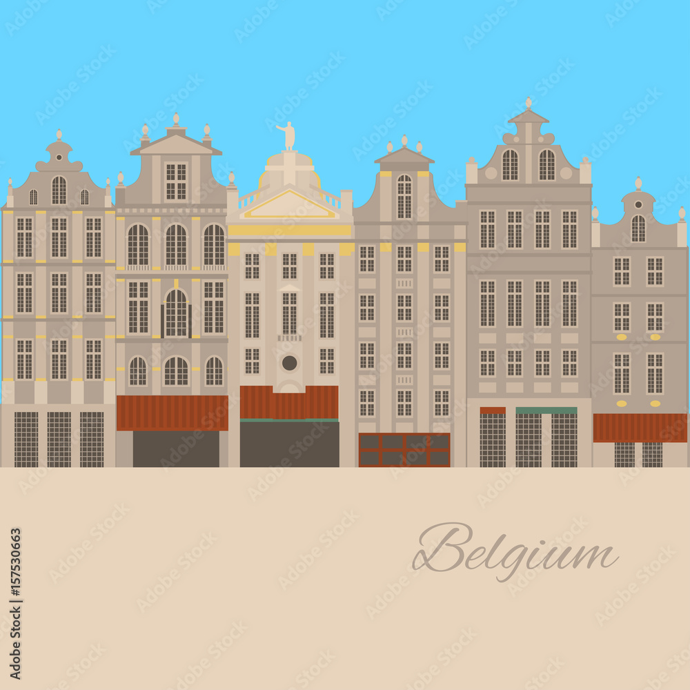 City sights. Brussels architecture landmark. Belgium country flat travel elements. Famous square Grand place.