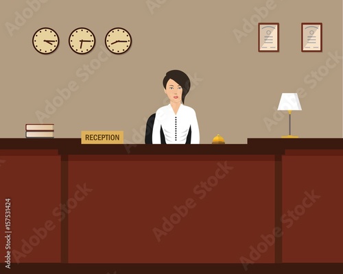 Hotel reception. Young woman receptionist stands at reception desk. Travel, hospitality, hotel booking concept. Vector illustration