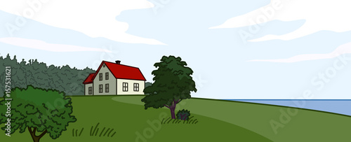 Vector illustration of landscape with house, trees, forest and water