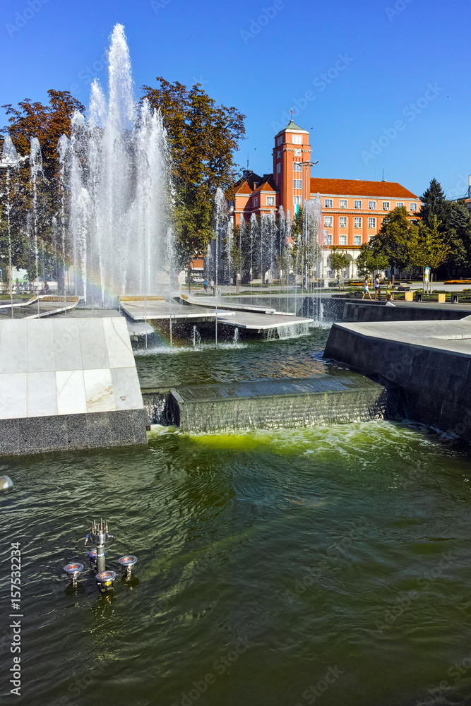 Town hall and fountain in center of city of Pleven, Bulgaria