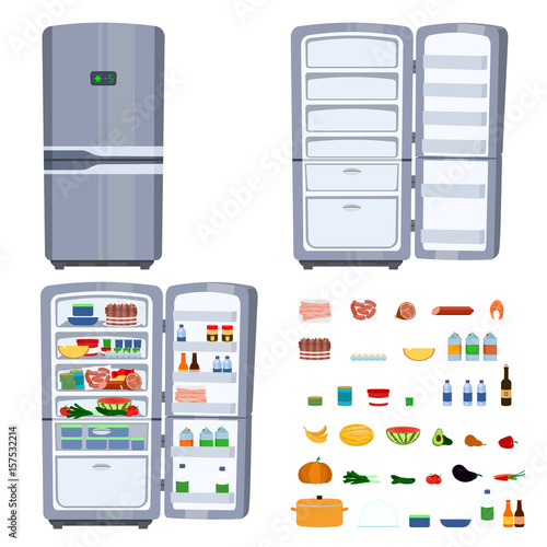 Closed and opened refrigerator with food isolated on white background