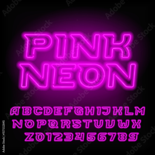 Neon tube alphabet font. Pink color type letters and numbers. Oblique vector typeface for headlines, posters, etc.