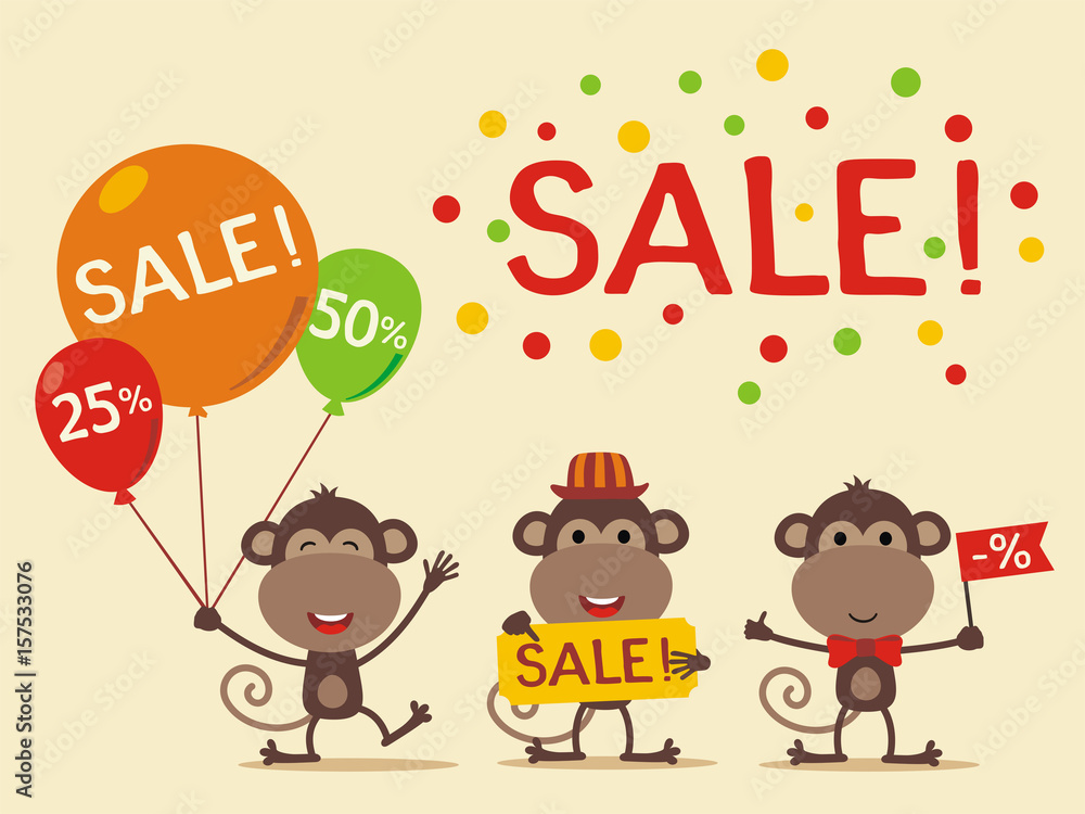 Fototapeta premium Set for design sale with monkey. Collection of cartoon monkey for sale of children goods.