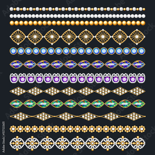 Illustration set of ornamental borders of beads of gold color and precious stones and pearls
