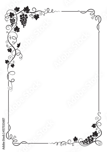 Decorative rectangular frame with bunch of grapes, grape leaves, vines, swirls. A4 page proportions.