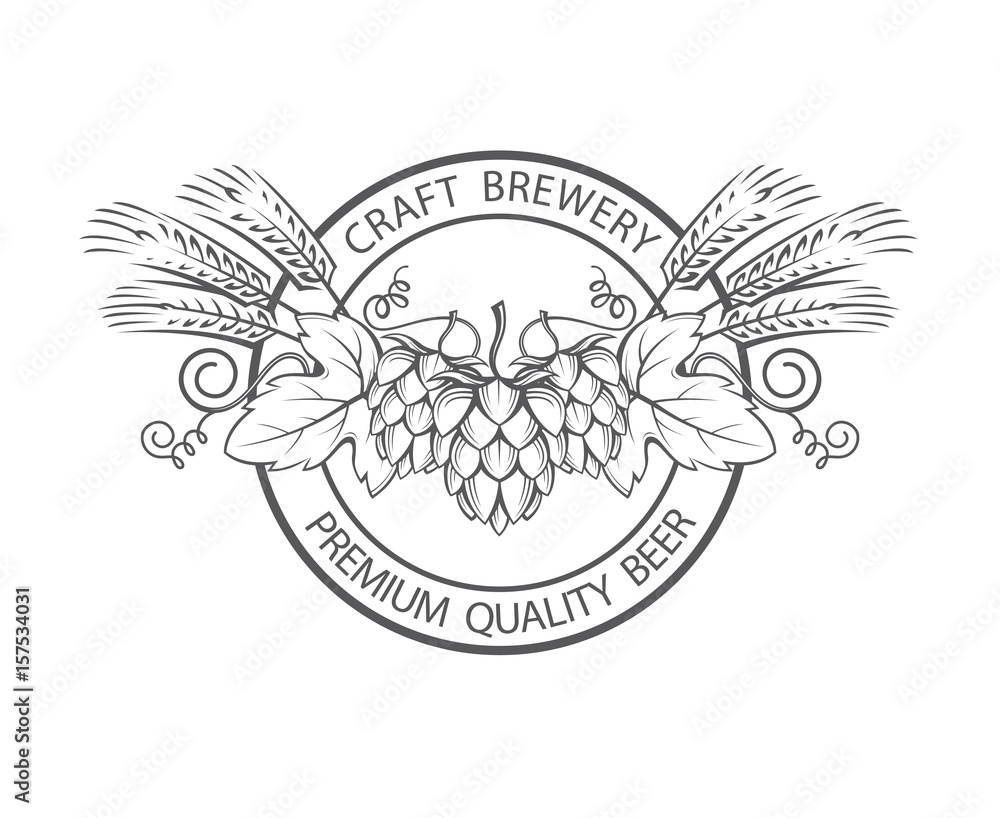black stamp with hops and barley ear for brewing
