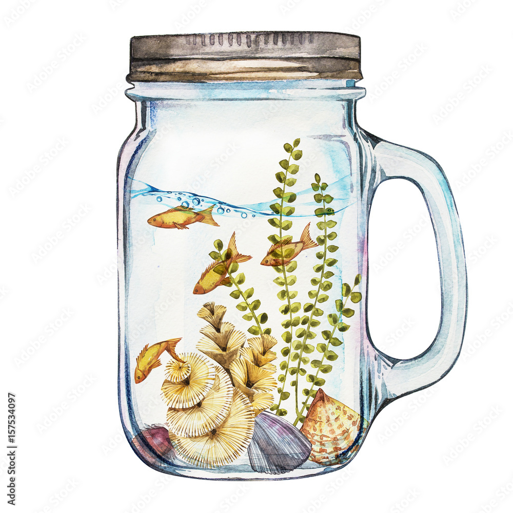 Fototapeta premium Isoleted Tumbler with Marine Life Landscape - the ocean and the underwater world with different inhabitants. Aquarium concept for posters, T-shirts, labels, websites, postcards.