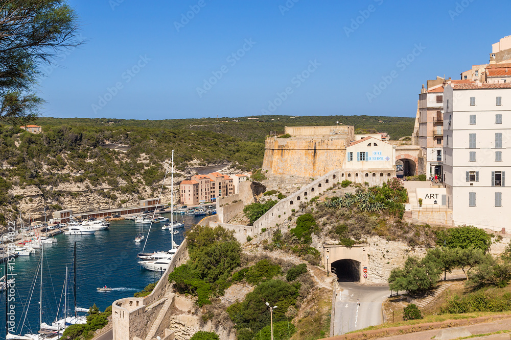 Corsica, France. Bonifacio: a picturesque view of the port, the city and the ancient fortress