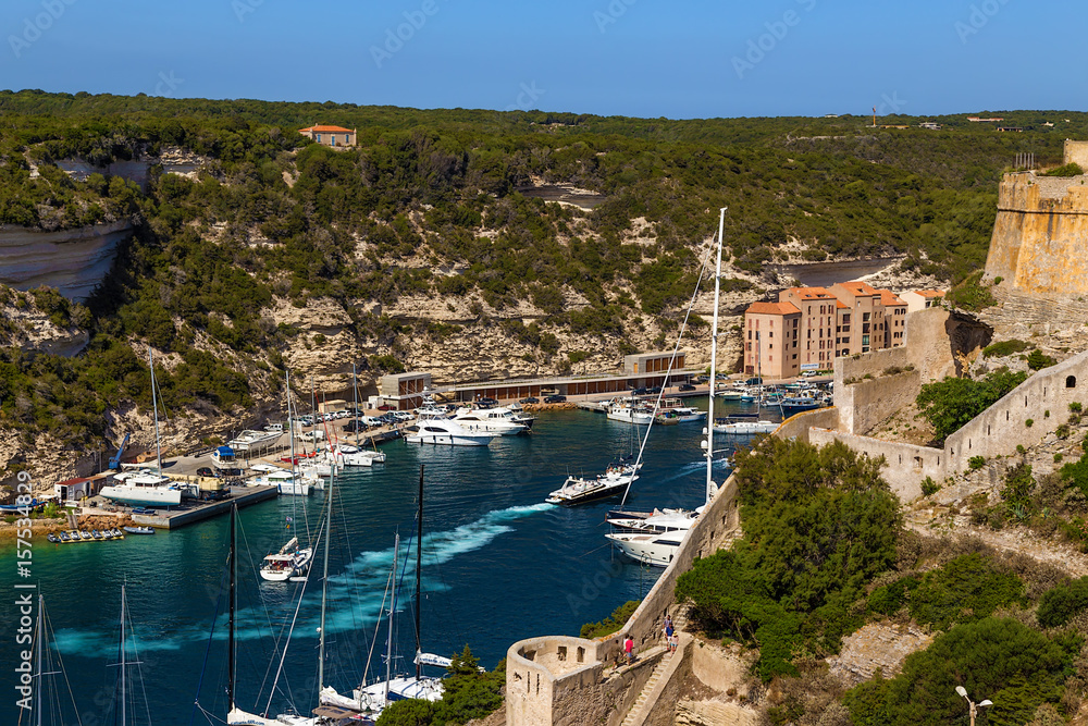 Corsica, France. Bonifacio: a picturesque view of the port and the ancient fortress