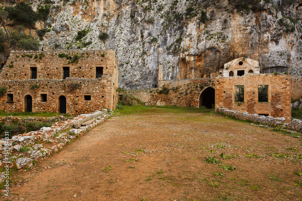 Ruins of Katholiko monastery in Chania region on Crete island, Greece. 
