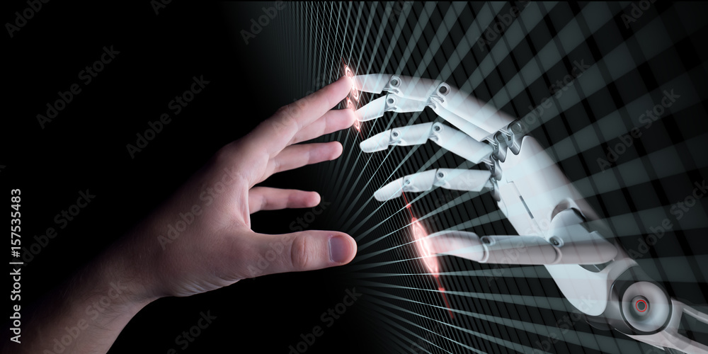 Fototapeta premium Hands of Robot and Human Touching. Virtual Reality Concept 3d Illustration