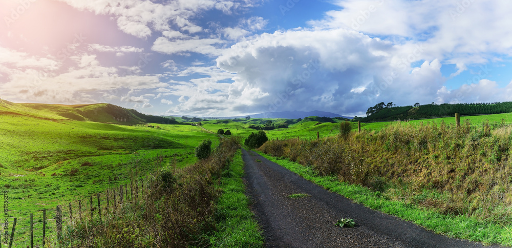 Panoramic beautiful scenery of countryside in North Island of New Zealand