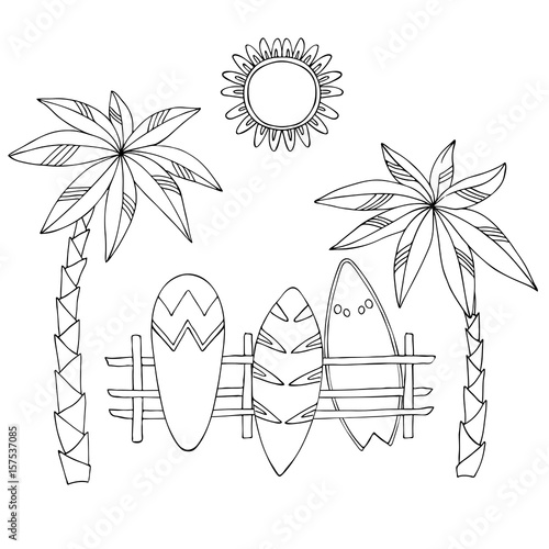 vector contour illustration of surfing palms sun