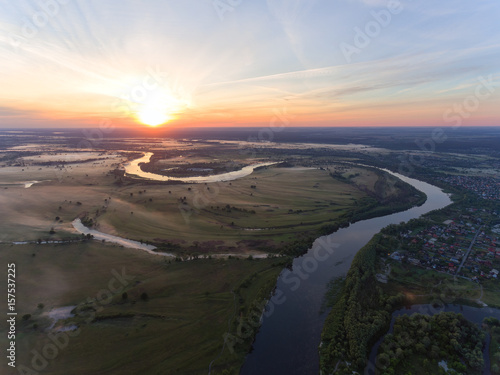 aerial view of river at sunrise