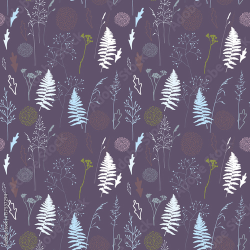 Vector floral seamless pattern with  wild meadow  grasses, fern leaves and st...