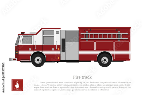 Red fire truck in a flat style on a white background. Car of fire department