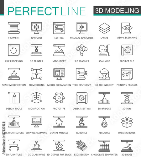 3d modeling and printing thin line web icons set. Outline stroke icons design.