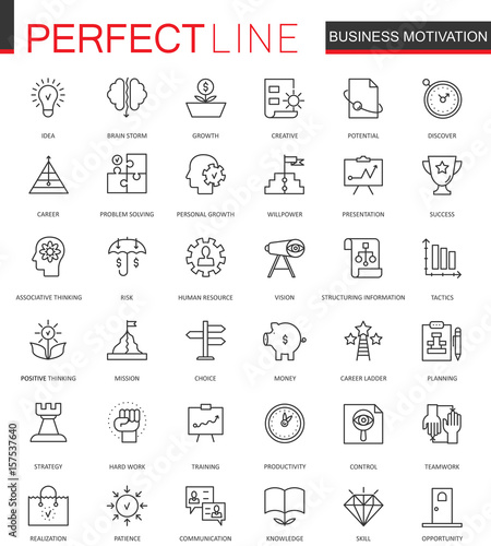 Business motivation thin line web icons set. Discipline organization outline stroke icons design.