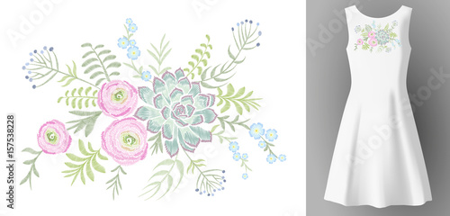 White woman dress 3d realistic mock up floral embroidery fashion decoration. Flower succulent ranunculus eucalyptus patch neckline print textile vector illustration