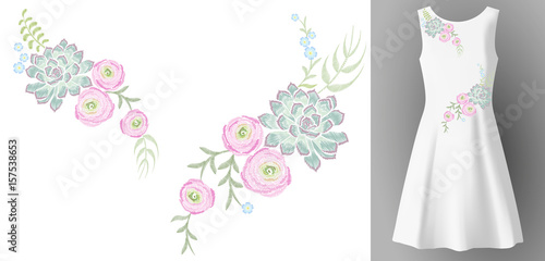 White woman dress 3d realistic mock up floral embroidery fashion decoration. Flower succulent ranunculus eucalyptus patch neckline print textile vector illustration