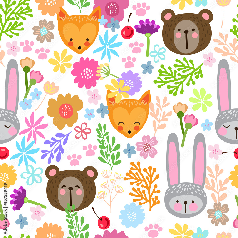 Naklejka premium Vector seamless pattern with cute animals. Beautiful children's print with bunny, teddy bear, fox and flower. Cute children's pattern.